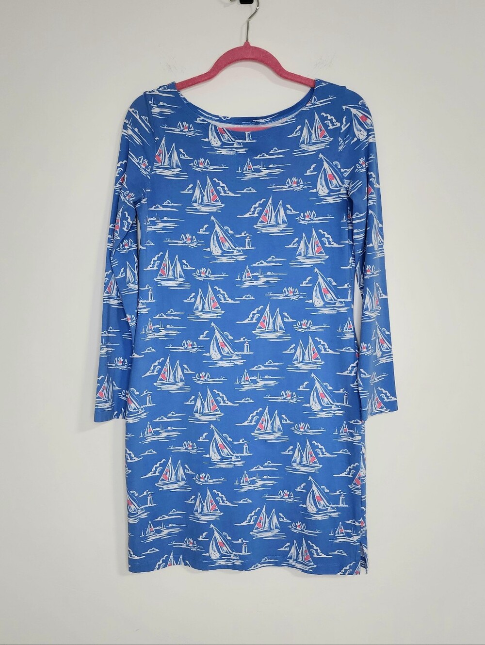 Vineyard Vines Cotton Blend Blue Sailboat Print 3/4 Sleeve Shift Dress Medium